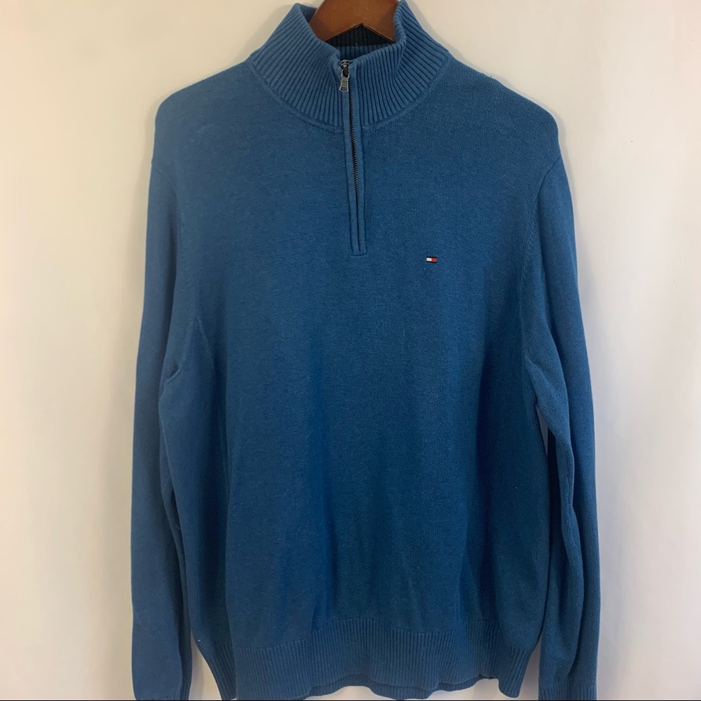 Tommy Hilfiger Sweater 1/4 Zip Pullover Shirt Long Sleeve Blue Mens XL Mock Neck